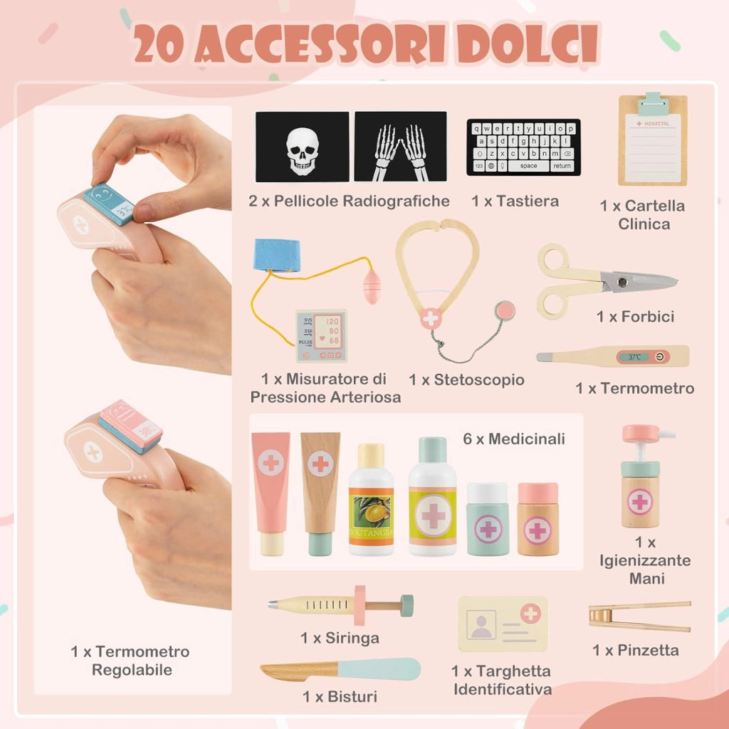 Set Gioco Dottore per Bambini, Medico Giocattolo in Legno con Tabella Oculistica, Macchinario CT e Radiografie, Gioco di Ruolo Medico Educativo con Accessori per Bambini 3+ Anni (Rosa)