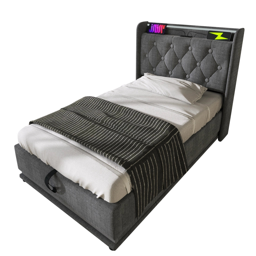 Letto singolo imbottito 90x200 cm grigio con LED 360°, USB e Type-C, letto contenitore idraulico