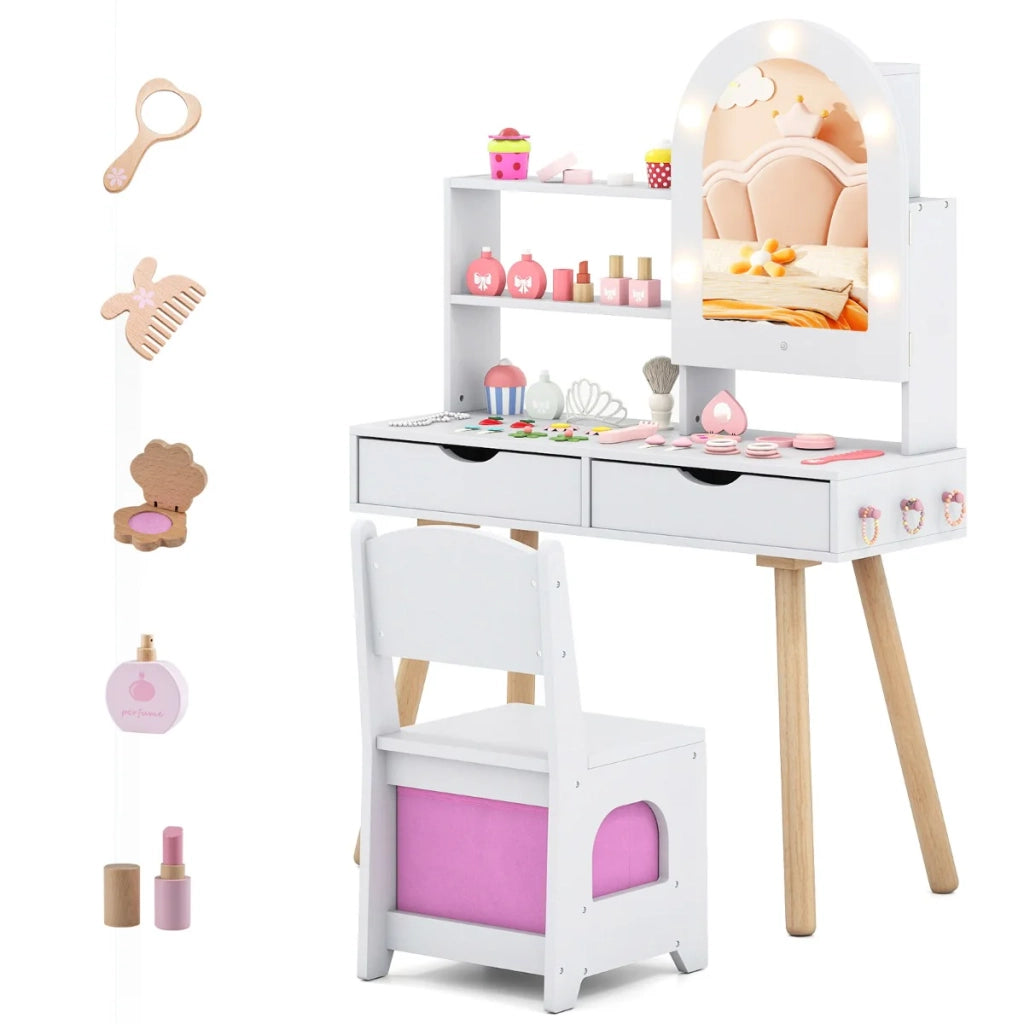 Toeletta per bambini con specchio LED a 3 colori contenitore modulare sedia ergonomica stile moderno MDF bianco 20_0018361
