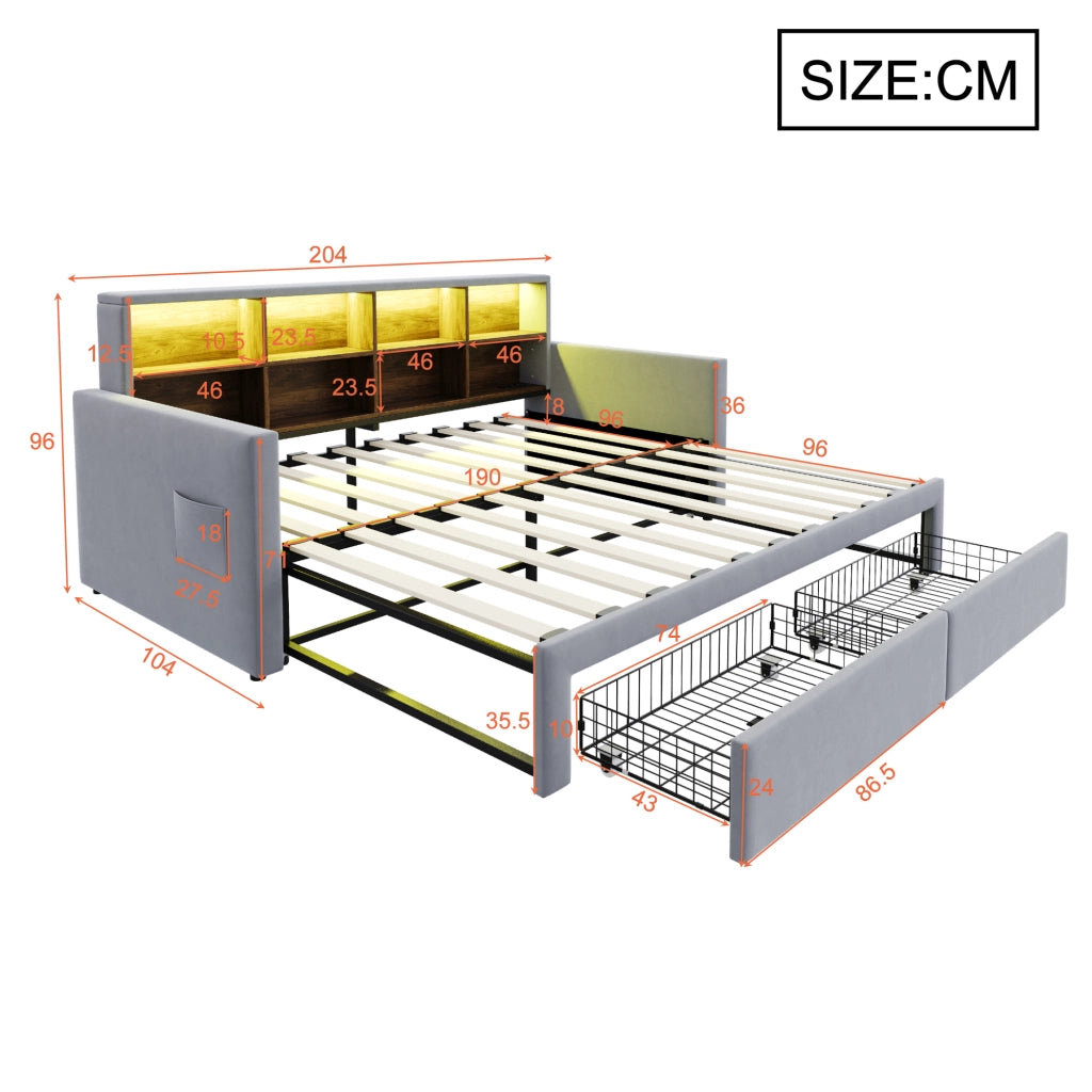 Letto Estraibile 90 x 190 cm e 180 x 190 cm; 2 Posti con 2 Cassetti; LED; USB e Type-C; senza Materasso