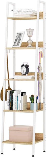 Libreria a 5 Ripiani, Scaffale con 4 Ganci Industriale, Scaffale a Scala in MDF e Metallo per Soggiorno, Cucina, Studio, Ufficio,Bianco, 40x36x170cm RGB9289whe