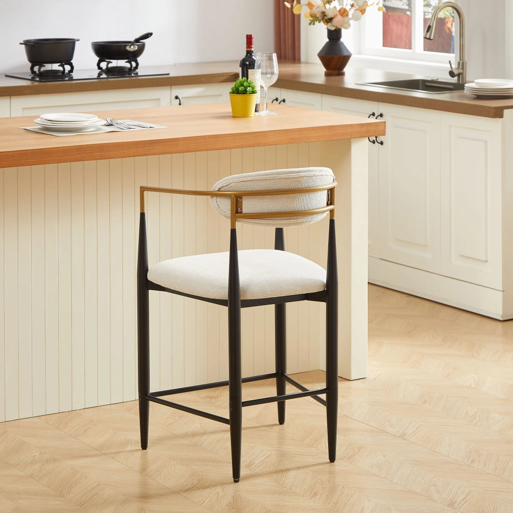 Set di 2 sgabelli da bar con braccioli; schienale e struttura nero oro in tessuto beige per cucina
