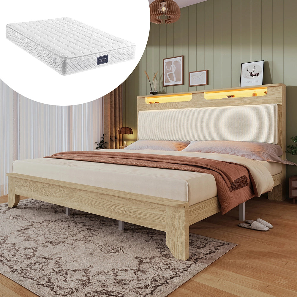 Letto matrimoniale-Xylo-160x200 cm-LED, testiera velluto, quercia chiaro, con materasso