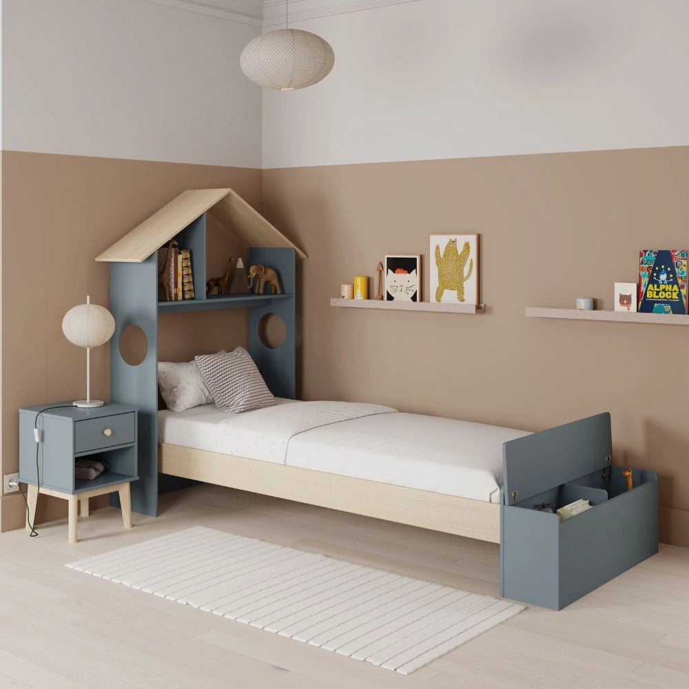 Letto singolo Odessa in legno massiccio con testiera a casetta e pediera contenitore verde cachi e pino 216,5x128,5x153H