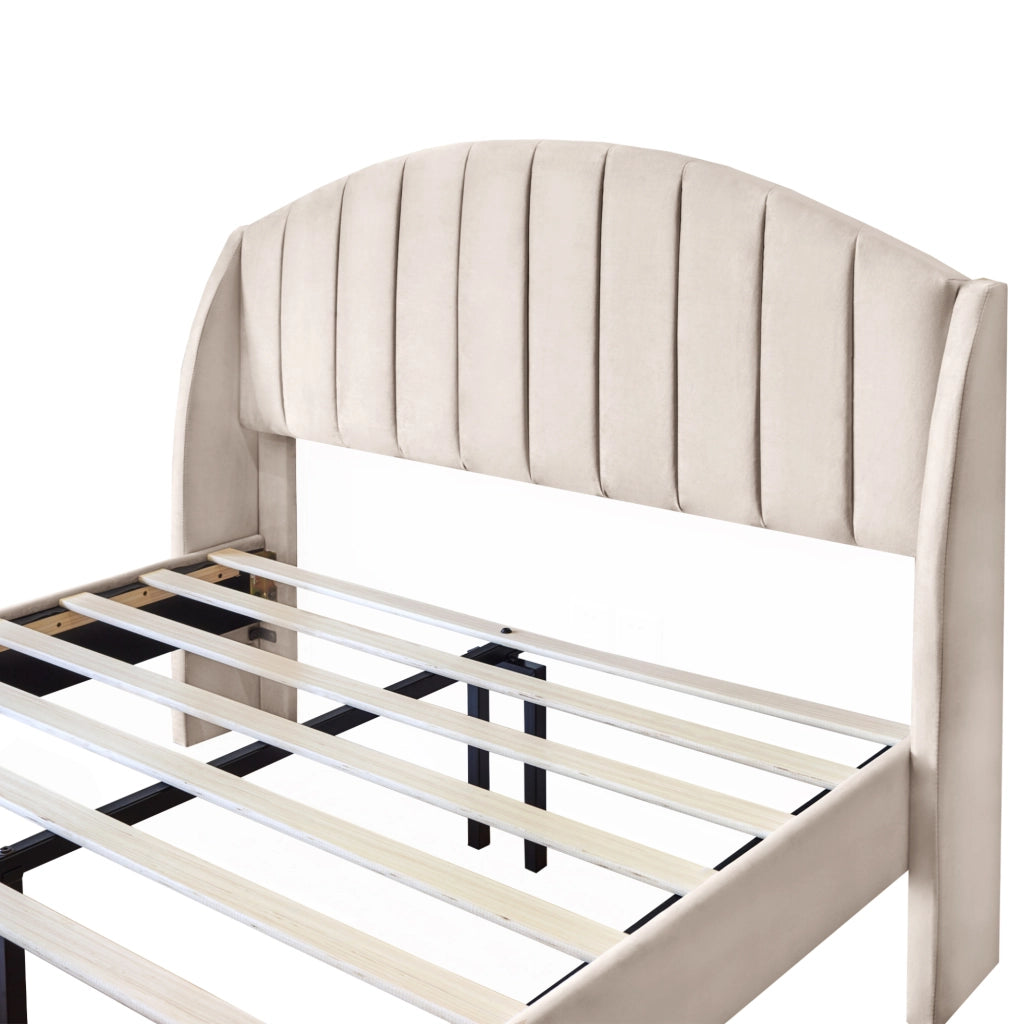 Letto imbottito 140x190 cm con sommier a doghe; testiera e rivestimento in velluto beige