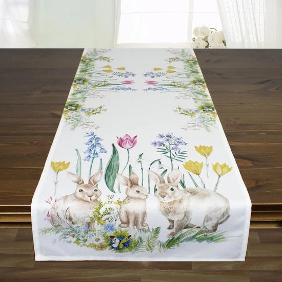 Tappeto da tavolo con fiori e conigli - Decorativo - Lavabile - 100% Poliestere - 40 x 140 cm