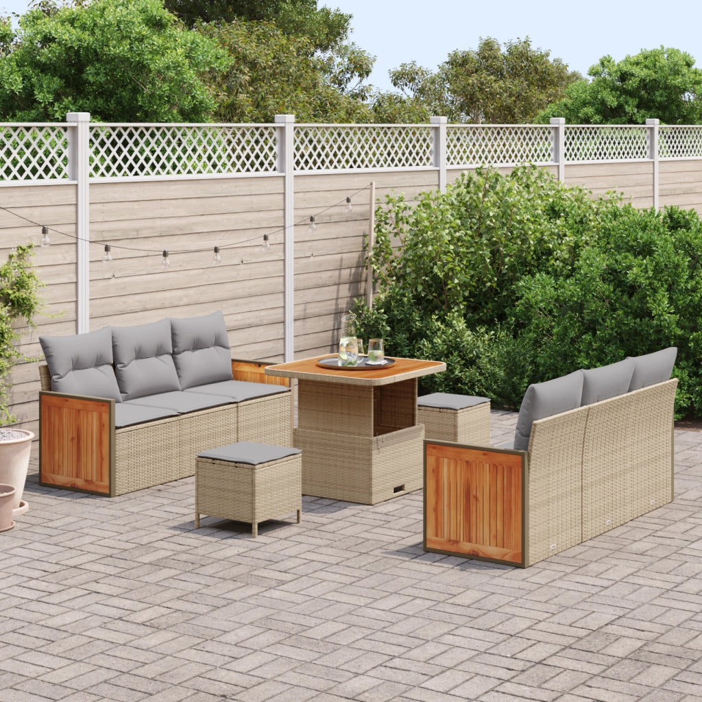Set di divani da giardino 9 pezzi con cuscini Beige Polyrattan Acacia