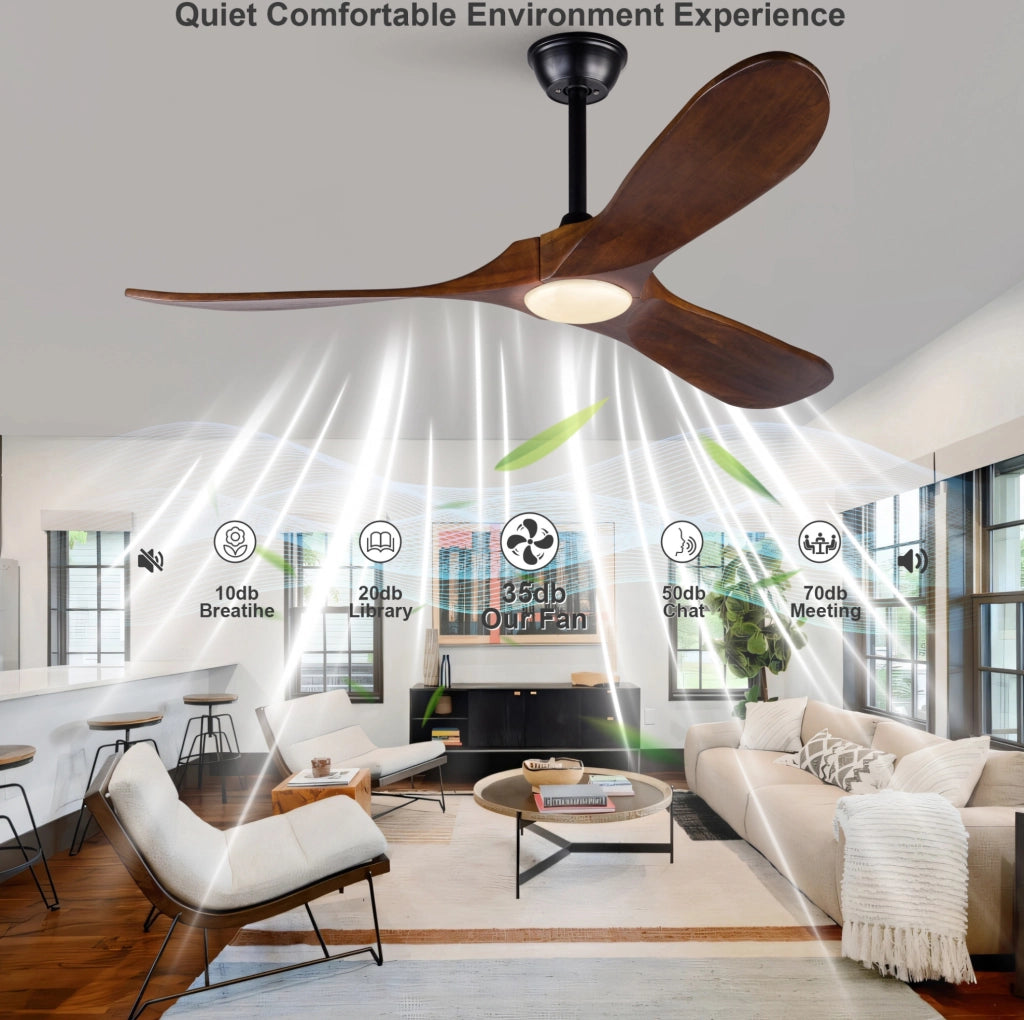 Ventilatore da soffitto 52 pollici con luce LED; 3 pale in legno noce; nero