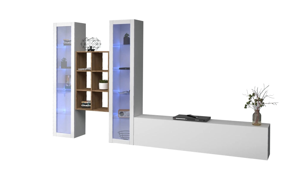 Parete attrezzata mobile TV bianco sospeso 2 vetrine libreria Yves WH