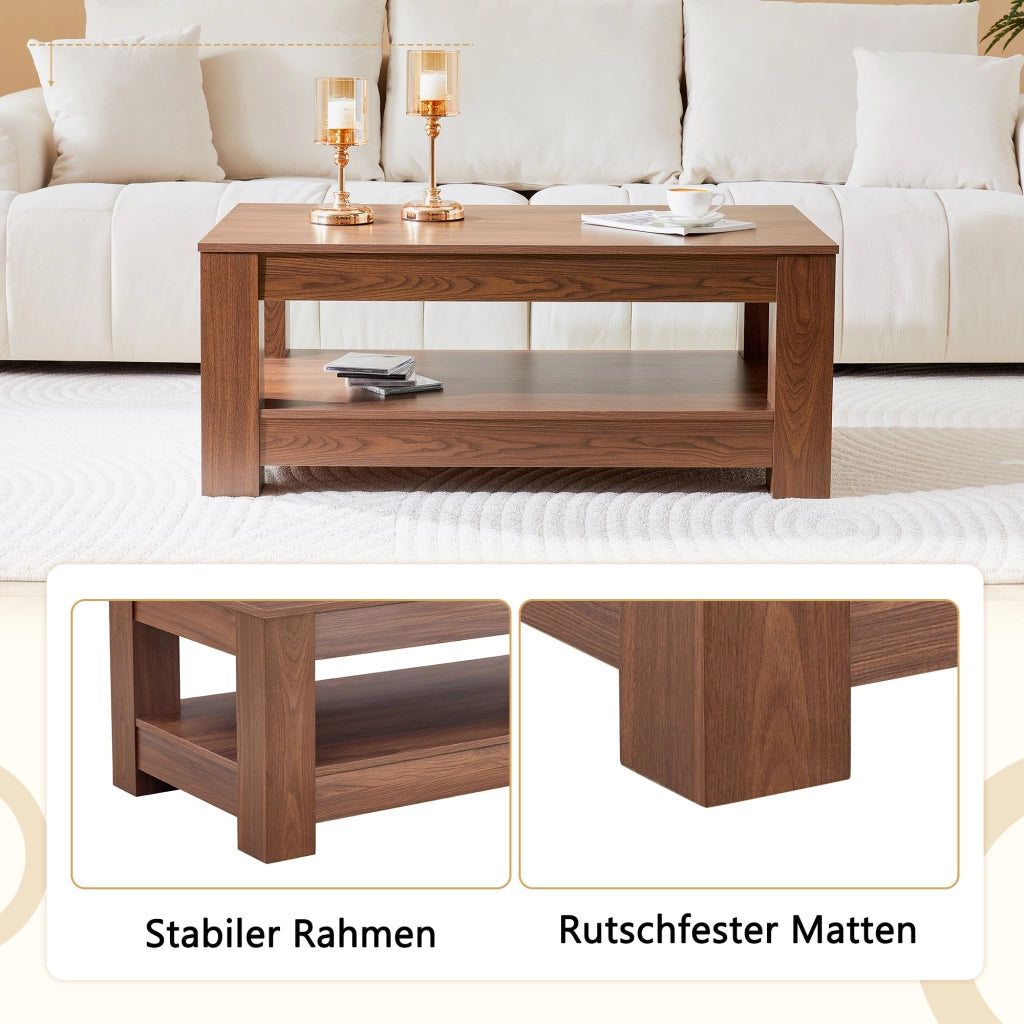 Tavolino da caffè con 2 ripiani - per soggiorno - in MDF - 111.5×62.0×21.5 cm - noce