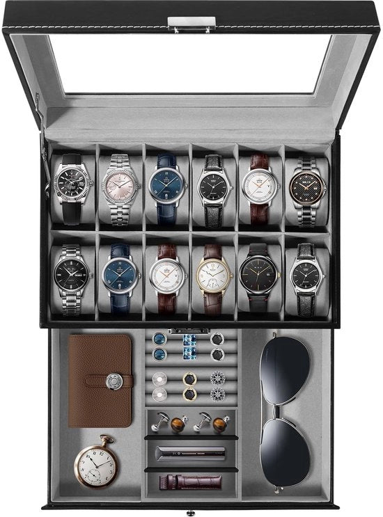 Scatola per orologi da 12, cassa orologeria per uomini, scatola per gioielli per donne, cassa orologeria con cassetto, chiave, regalo di Natale, nera