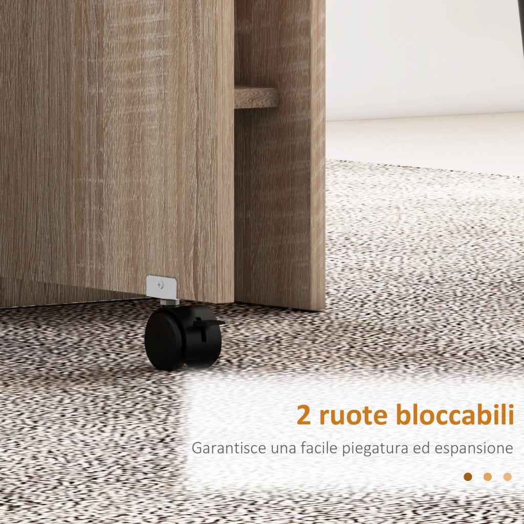 Tavolo Pieghevole con 2 Ribalte per 6 Persone con Ripiani e Rotelle Integrate, Legno Naturale
