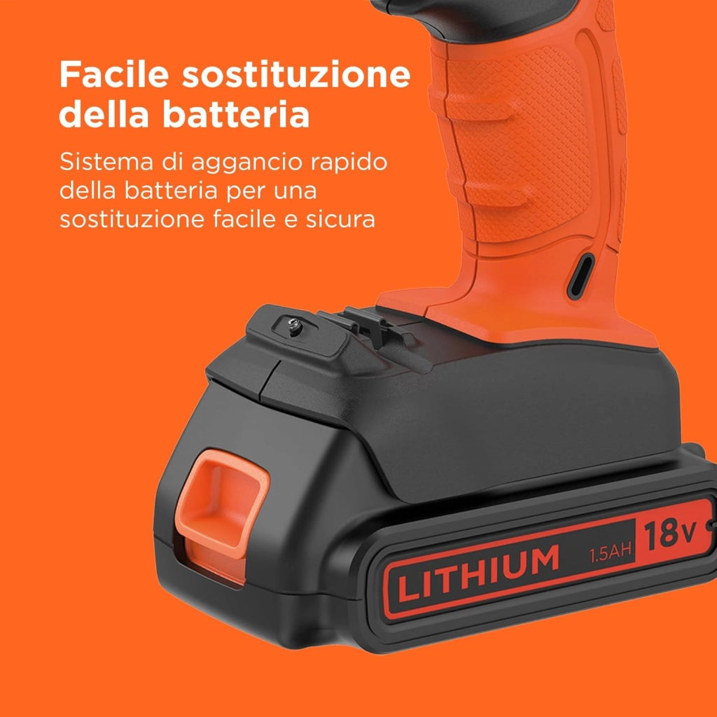 BLACK+DECKER Trapano a percussione a batteria da 18V a 2 velocità con due batterie da 1,5Ah e caricatore da 400mA, coppia di 45Nm, luce da lavoro a LED, BCD003C2K-QW