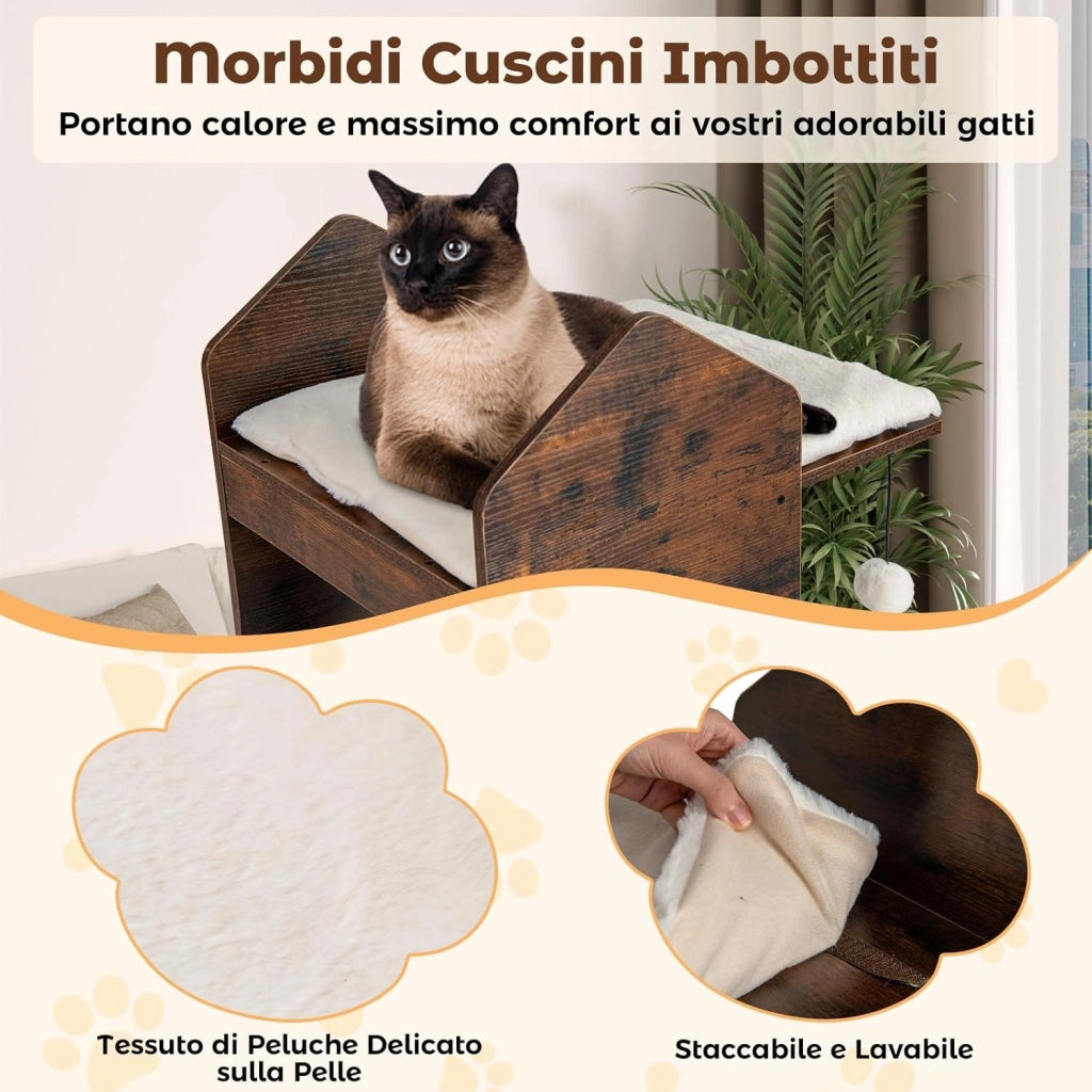Albero per Gatti Alto 120 cm, Tiragraffi per Gattini in Legno con Posti Graffianti in Sisal, Palline Pendenti, Cuscini Morbidi e Piazzola, Tiragraffi Gatto per Arrampicata