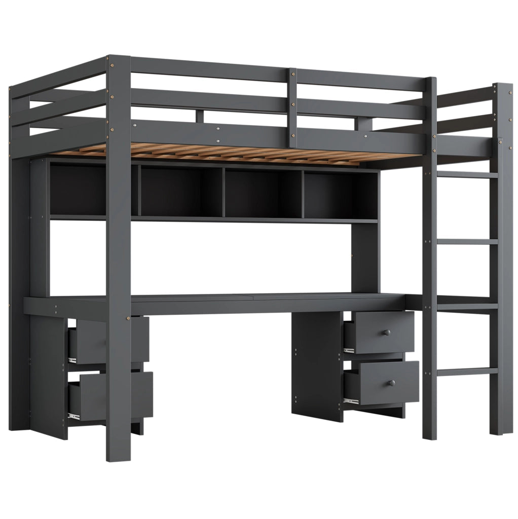 Letto a soppalco 90x200 cm con scrivania e spazio contenitivo in pino grigio