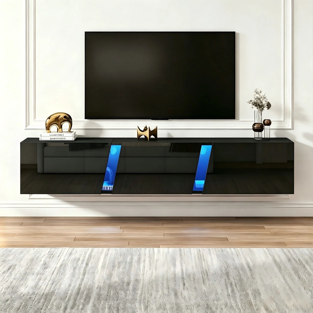 Mobile TV sospeso da parete 180 x 35 x 30 cm, nero lucido, con luci LED controllate da APP, 3 ante abbattibili, per TV fino a 75 pollici