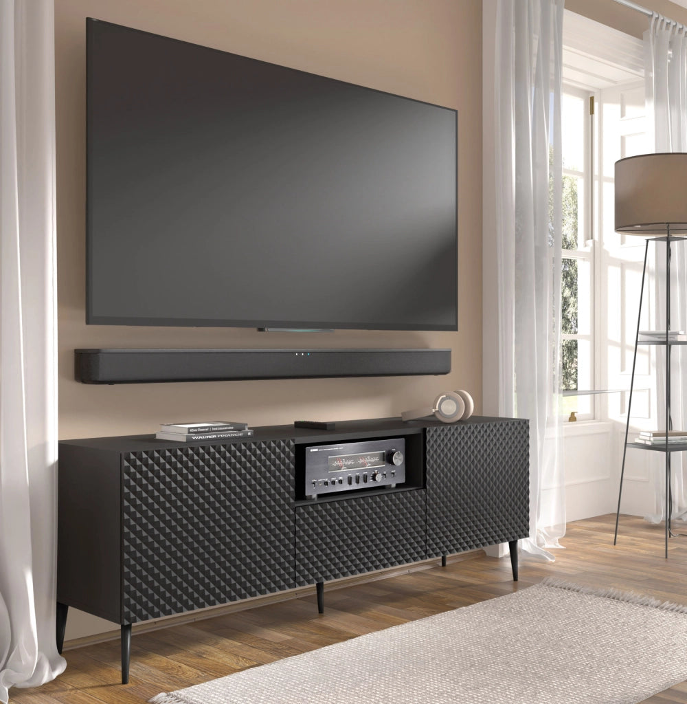 MOBILE RAVENNA PC DIAMOND MDF HG PORTA TV 150 2D1S NERO OPACO NERO LUCIDO GAMBE IN METALLO
