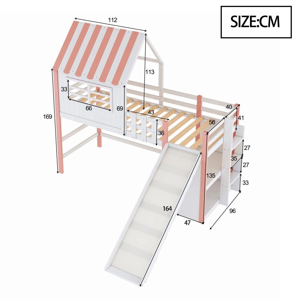 Letto a soppalco per bambini 90x200 cm rosa con scivolo