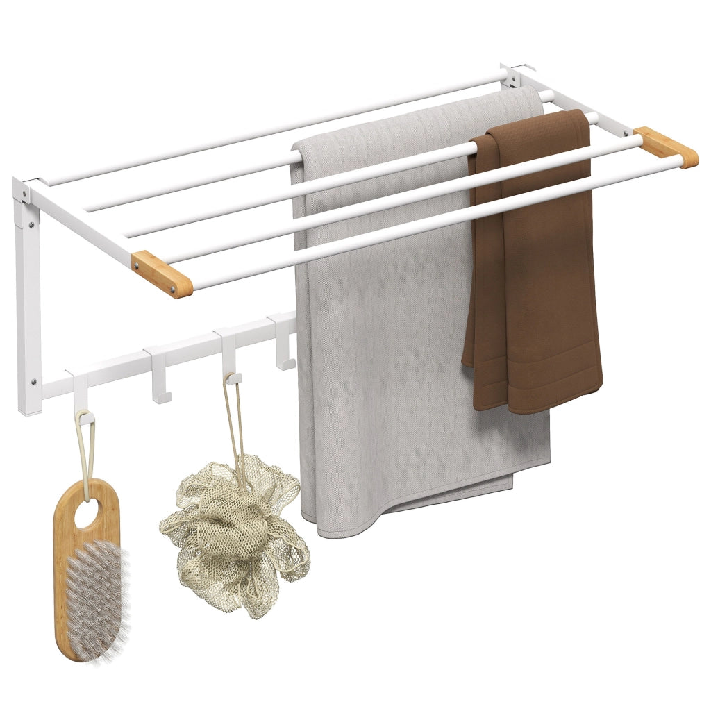 Portasciugamani a Parete Pieghevole con 5 Barre e 6 Ganci in Legno e Acciaio, 60x32.5x20 cm, Bianco