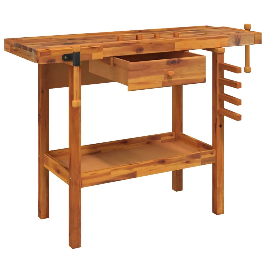 Banco da lavoro con cassetto e morse 124x52x83 cm in legno massello di acacia 153320