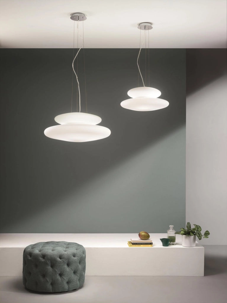 SOSPENSIONE PAGODA D.60CM 5+2 LUCI ATTACCO E27 ALTEZZA 25CM MAX 100CM CROMO E BIANCO