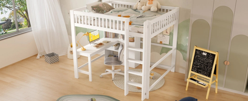 Letto a soppalco bianco per bambini 140x200 cm con scrivania, scala, 3 cassetti e ripiani