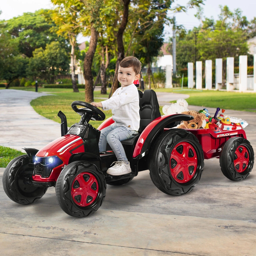 Trattore elettrico per bambini con rimorchio e telecomando, Trattore giocattolo con cintura di sicurezza Rosso-Macchinine giocattoli