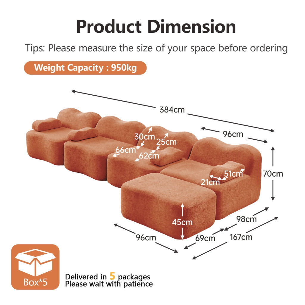 Divano angolare modulare a 4 posti senza struttura con pouf, bracciolo mobile e seduta profonda in velluto arancione