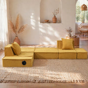 Pouf divano modulare in chenille giallo senape; 162x78x66 cm