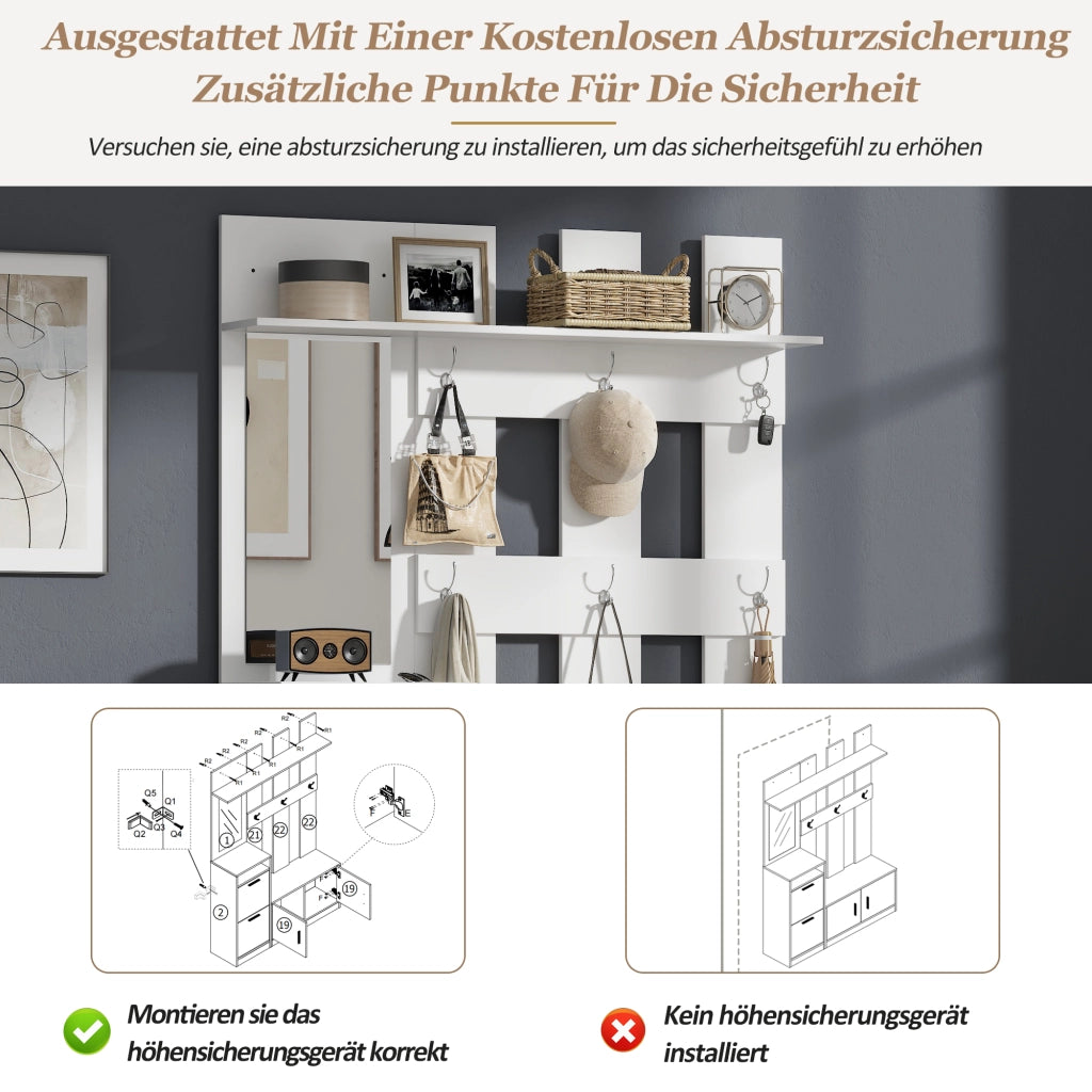 Mobili da ingresso con scarpiera ribaltabile, specchio e 6 ganci, vani aperti, in MDF, bianco, 120 × 30 × 180 cm