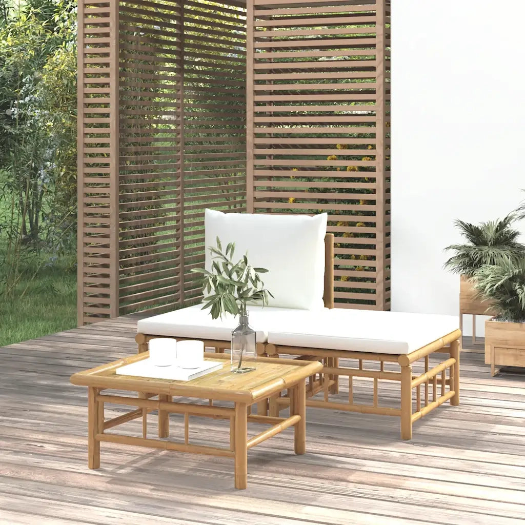 Salotto da Giardino-Set Salotto da Giardino 3pz con Cuscini Bianco Crema in Bamb¨´