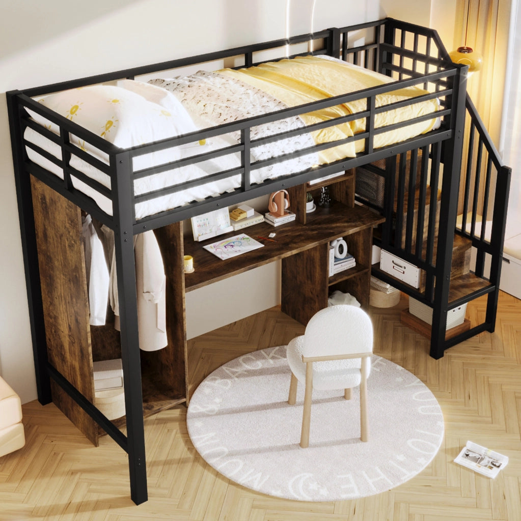 Letto a soppalco 90x200 cm con armadio e scrivania nero