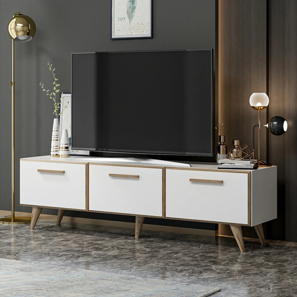 Mobile Porta TV 'Brønderslev' Armadietto Basso a 3 Ante a Ribalta - Bianco [en.casa]