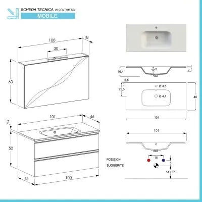 Mobile bagno sospeso 100 cm grigio cemento con lavabo e specchio contenitore Master