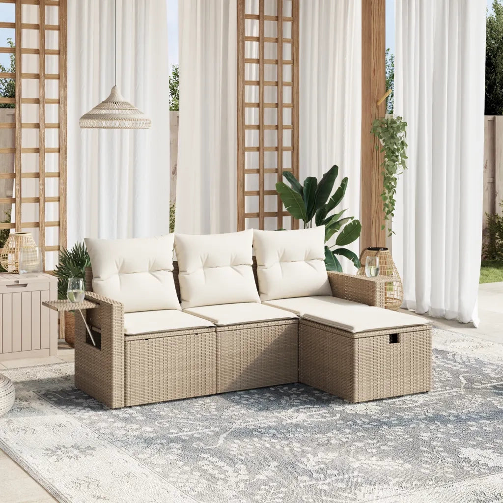 Set Divano da Giardino 4 pz con Cuscini Beige in Polyrattan
