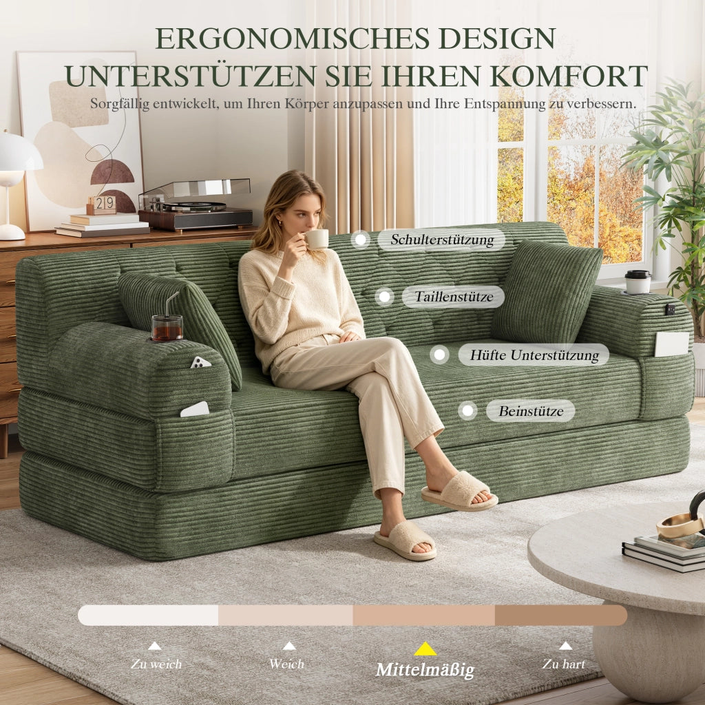Divano letto a 3 posti in velluto a coste con schienale alto e 4 tasche laterali verde 208 × 80 × 81 cm