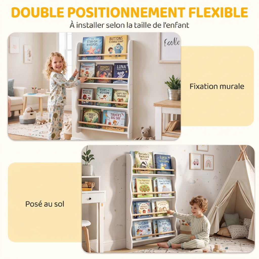 Bibliothèque murale pour enfant,Rangement Livre 4 Niveaux, Blanc