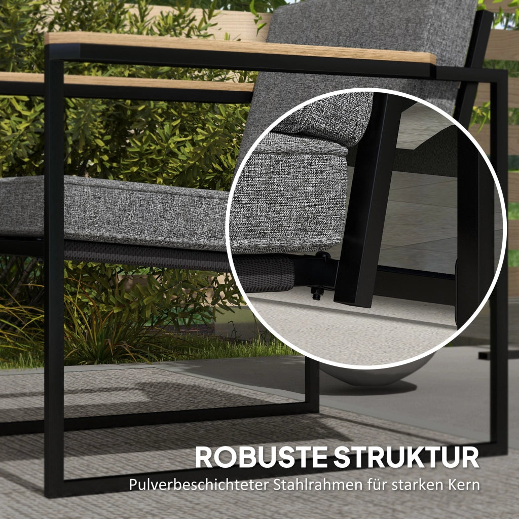 Arredamento da giardino a 4 posti: Divanooo a 2 posti + 2 poltrone + cuscini + tavolino laterale; grigio