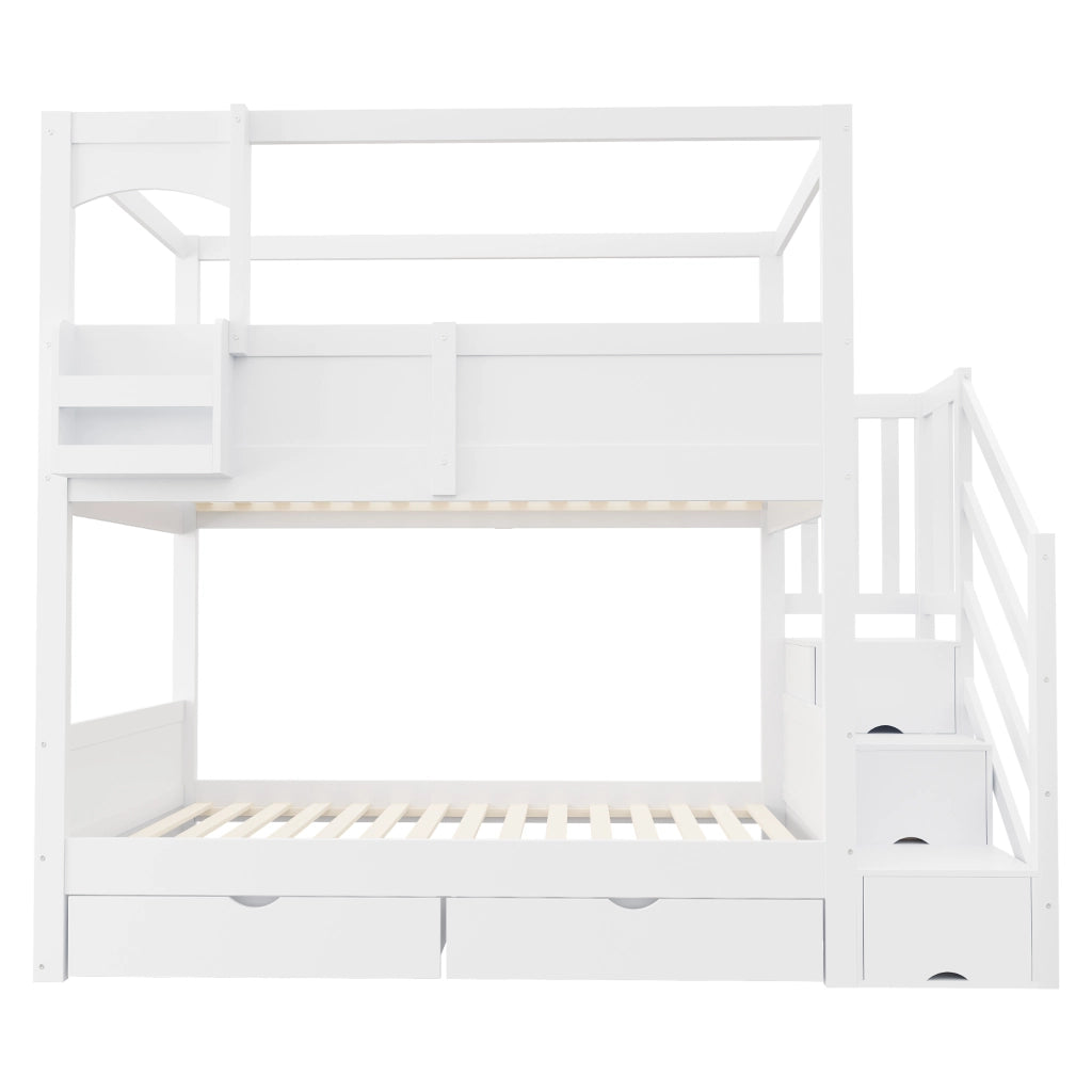 Letto a castello a casetta 90x200 cm con lavagna; 2 cassetti; mensole e scala contenitore; pino e MDF; bianco