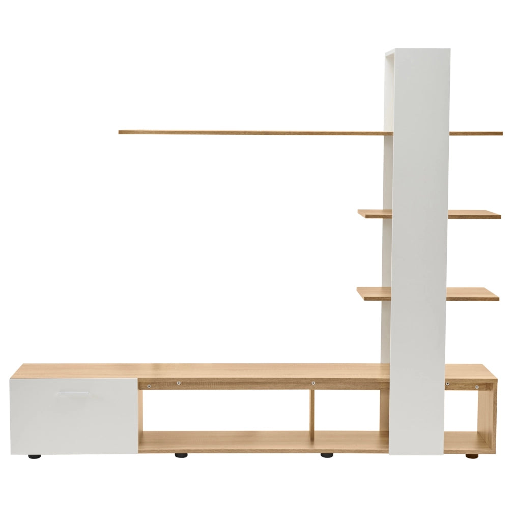 Mobile TV da parete 180x33.5x151.5 cm per TV fino a 60 pollici con ripiani e anta in truciolare bianco e naturale
