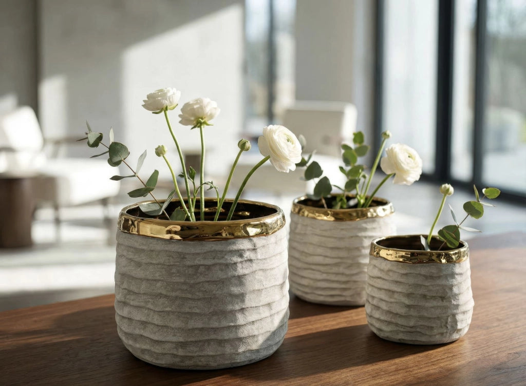 Cachepot Lima Alti Tris Ø23x17,5 cm in Ceramica Grigio e Oro