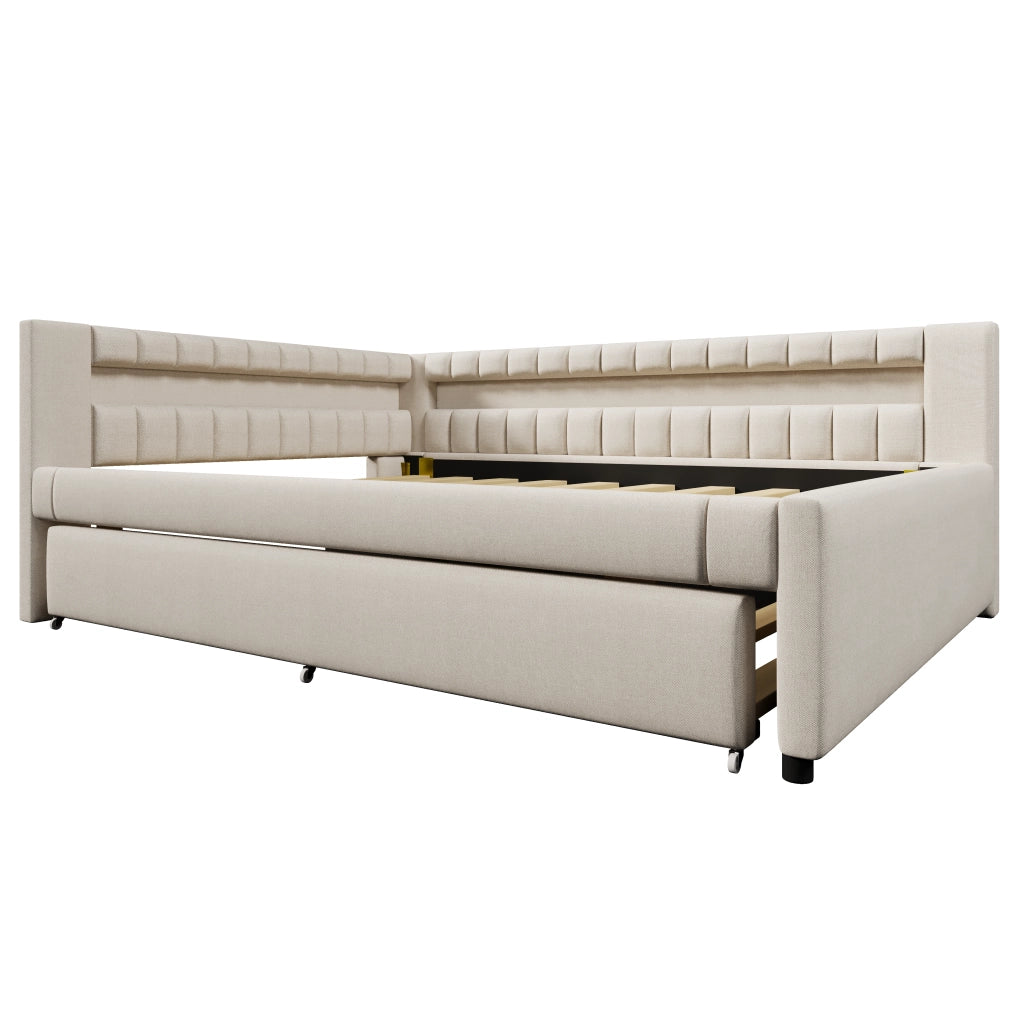 DESMIU Divano Letto 140 × 200 cm 2 posti con letto estraibile, LED, USB, Type-C, senza materasso, beige
