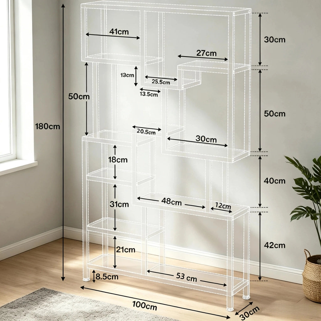 Libreria 100x30x180 cm a 7 ripiani aperti in metallo e truciolare nero e marrone rustico