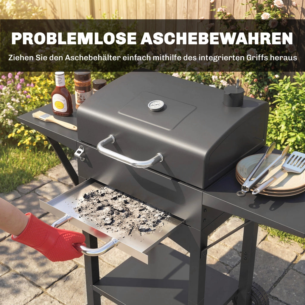 Barbecue Smoker con Coperchio e 2 Tavolini ¨C zephmum ¨C Grigio, Acciaio, 120x80x110 cm