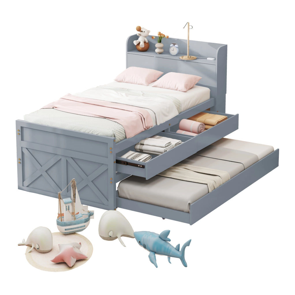 Letto in legno multifunzionale 90x190 con contenitore, cassetti e USB