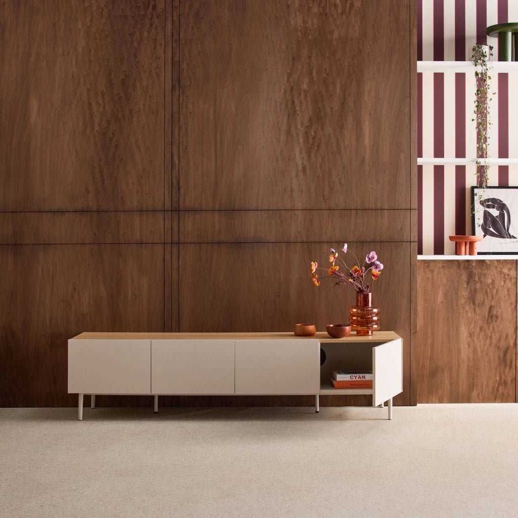 Mobile tv in metallo e decorazione in legno 4 ante, 180cm, beige