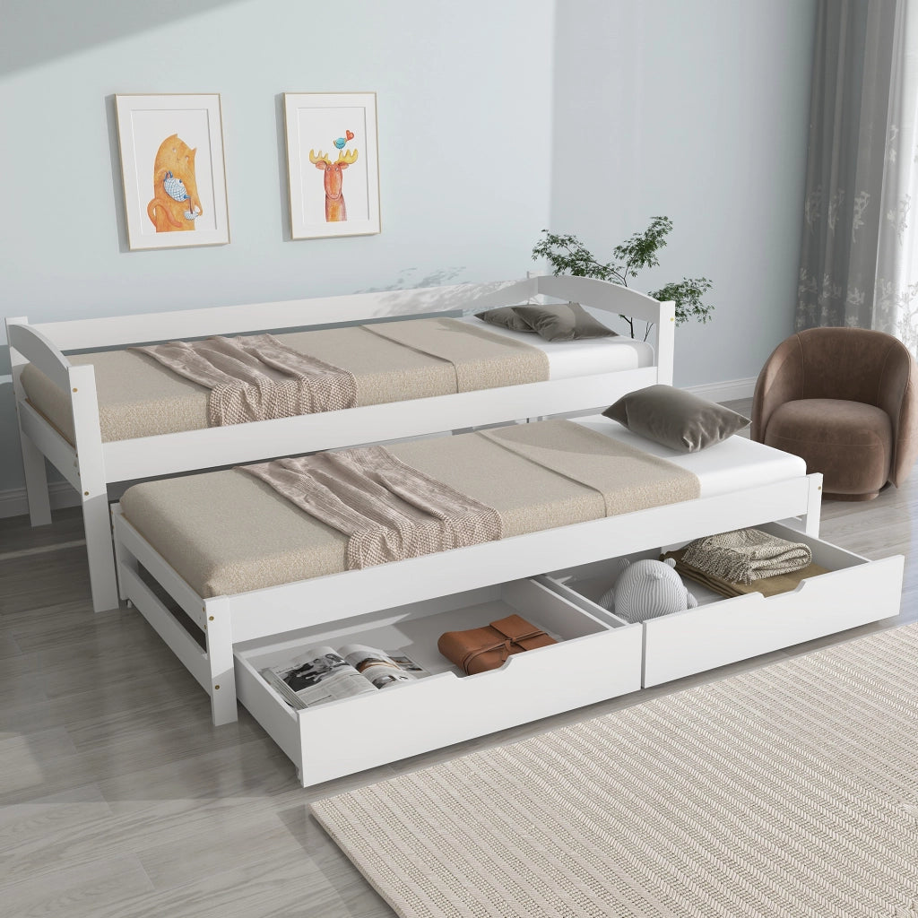 Letto estraibile con 2 cassetti in pino e MDF bianco 90x200 cm