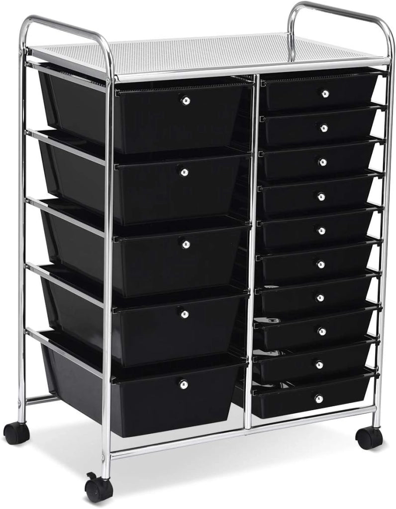 Carrello con 15 Cassetti Impilabili, Carrello di Stoccaggio con Ruote, Carello Portaoggetti per Casa e Ufficio, 62,5 x 37 x 87 cm (Chiara)