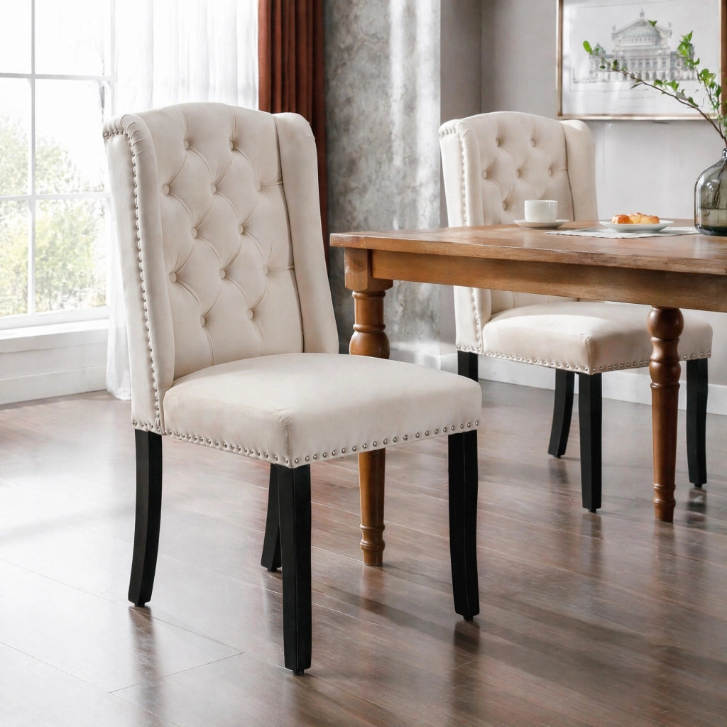 SEDIE da pranzo set da 2 pezzi in velluto beige con gambe in quercia