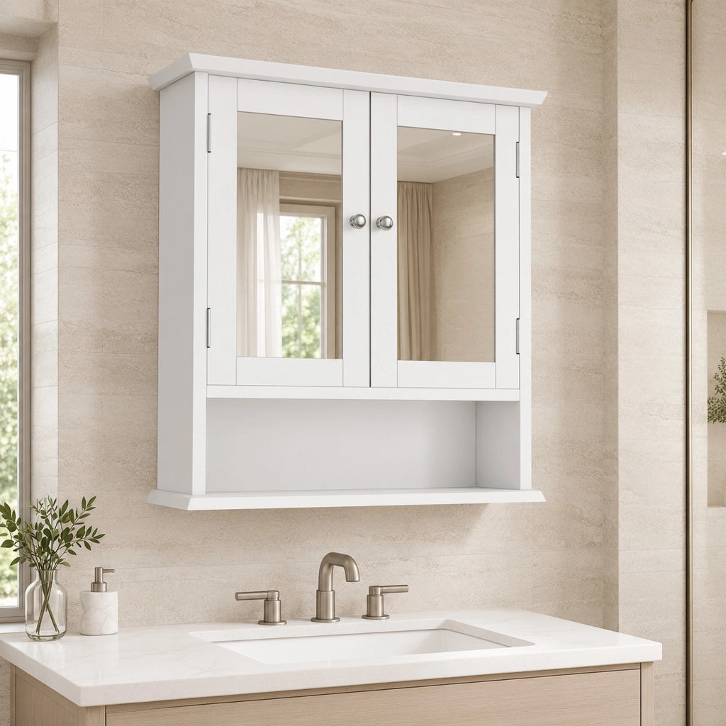 Mobile bagno sospeso con specchio e ripiani regolabili; 54;6x19;8x60 cm; MDF bianco